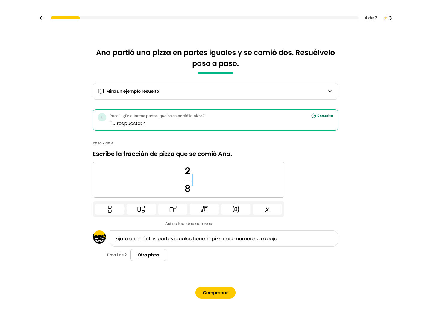 Ejercicio guiado: el estudiante escribe dos octavos y Graus le da una pista sobre el denominador.