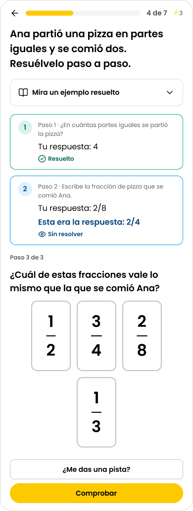 El mismo ejercicio guiado en el celular, con los pasos cerrados plegados.