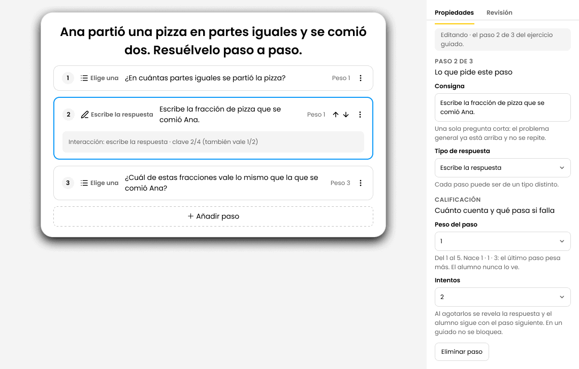 Editor del docente: un ejercicio guiado en tres pasos y el panel de propiedades del paso.